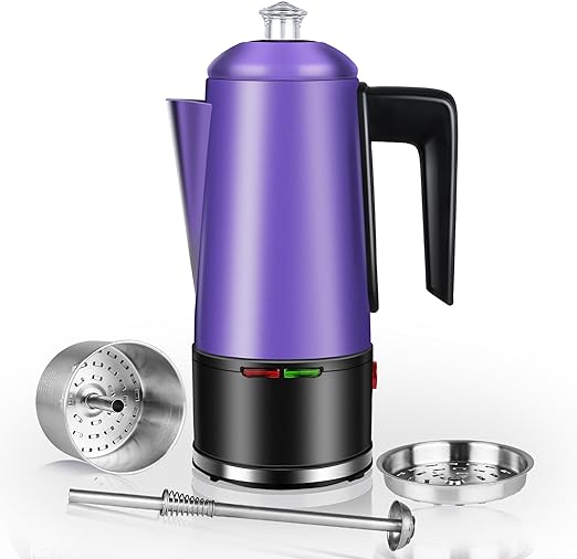 HOMOKUS Electric Coffee Percolator 12 CUPS Percolator Coffee Pot Stainless Steel Percolator Coffee Maker with Clear Knob Cool-touch Handle Coffee Pot Percolator Auto Keep Warm Function（Purple）