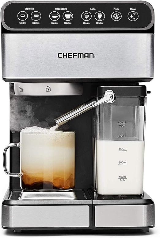 Chefman 6-in-1 Espresso Machine with Built-In Milk Frother, 15-BAR Pump, Digital Display, One-Touch Single or Double Shot for Cappuccinos and Lattes, XL 1.8-L Water Reservoir, Stainless Steel