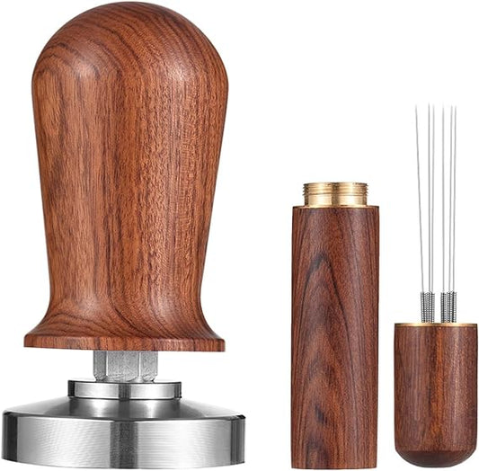 51mm Espresso Tamper, WDT Tool Set Coffee Calibrated Tamper with Excellent Quality Spring Loaded Flat 304 Stainless Steel Base Barista Wooden Handle Press, 6 Needles 0.4mm Espresso Distribution Tools