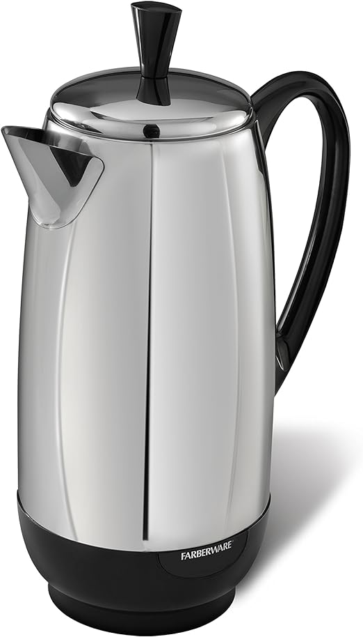 Farberware Electric Coffee Percolator, FCP412, Stainless Steel Basket, Automatic Keep Warm, No-Drip Spout, 12 Cup