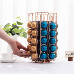 MyGift Stainless Steel Copper Metal Coffee Pod Holder Storage Organizer Stand with 360 Degree Rotating Carousel with Sleeve Storage Compartment, Compatible with Nespresso Vertuo Capsule