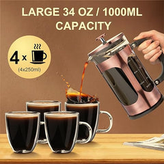 BAYKA Cafetera de prensa francesa de 34 onzas y 1 litro, prensa de café de acero inoxidable de cobre clásica de vidrio, cafetera de borosilicato espesada resistente al calor para acampar, regalos de viaje