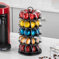 FlagShip 50 Vertuo Pods Carousel Holder Black Coffee Pod Holder 360° Rotating Rack Stand for Vertuoline Pods 5 Tier (50 Pods Capacity)