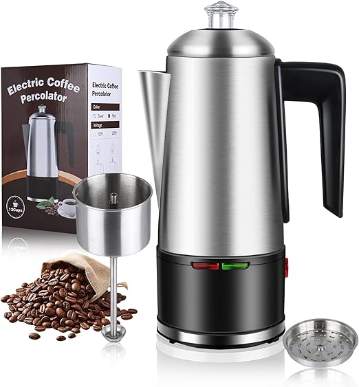 HOMOKUS Electric Coffee Percolator 12 CUPS Percolator Coffee Pot, 800W Percolator Coffee Maker Stainless Steel with Clear Knob Cool-touch Handle, Silver Coffee Pot Percolator Auto Keep Warm Function