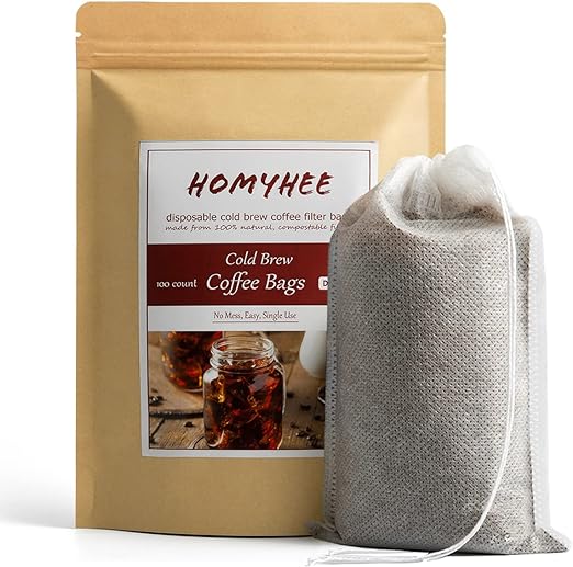 HOMYHEE No Mess Cold Brew Coffee Filters - 100 Count Disposable Fine Mesh Brewing Bags for Concentrate/Iced Coffee Maker, French/Cold Press Kit, Hot Tea in Mason Jar or Pitcher, 4 x 6 Inches