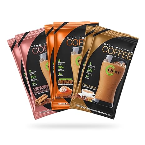 Chike Autumn Spice High Protein Iced Coffee Sampler Pack, 20 G Protein, 2 Shots Espresso, 1 G Sugar, Keto Friendly and Gluten Free, 6 Single Serve Packets