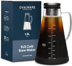 ovalware Airtight Cold Brew Iced Coffee Maker Pitcher (& Iced Tea Maker) with Spout – 1.5L/ 51oz RJ3 Brewing Glass Carafe with Removable Stainless Steel Filter