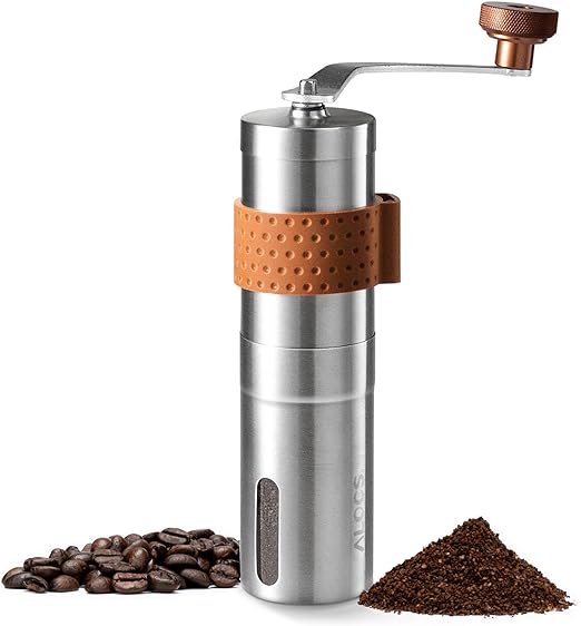 ALOCS Manual Coffee Grinder, Stainless Steel Coffee Bean Grinder, Adjustable Ceramic Conical Burr Coffee Grinder, Portable Coffee Grinders for Home Use, Office, Travel and Camping