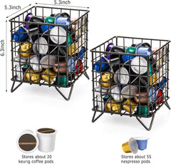 Okllen 2 Pack Coffee Pod Holder, Square Wire K Cup Holder Espresso Pod Organizer, Metal Coffee Pod Storage Basket for Kitchen, Pantry, Office, Cafe, 5.3" x 5.3" x 6.3", Black