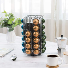 MyGift Stainless Steel Silver Metal Coffee Pod Holder Storage Organizer Stand with 360 Degree Rotating Carousel with Sleeve Storage Compartment, Compatible with Nespresso Vertuo Capsule