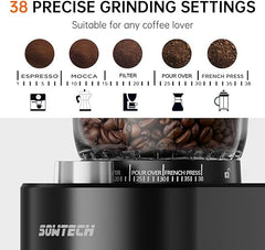 SOWTECH Molinillo de café de rebabas cónicas antiestático, molinillo de rebabas ajustable con 38 ajustes de molienda precisos, temporizador de precisión, para espresso/goteo/vertido/preparación en frío/cafetera de prensa francesa (negro) 