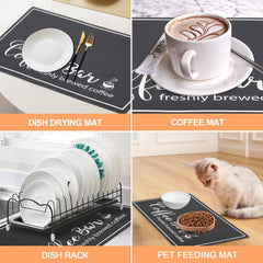 Dish Drying Mat, 12"x20" Absorbent Coffee Bar Mat for Countertops, Coffee Bar Accessories with Coffee Cup Pattern for Kitchen Counter Coffee Maker Coffee Pot Dining Room Decoration