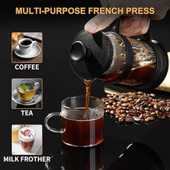 PARACITY Cafetera/té de prensa francesa, mini prensa de café/té para camping de filtro de acero inoxidable 304 y vidrio resistente al calor, cafetera de preparación fría de 11.8 oz para viajes y regalo en el hogar (negro)