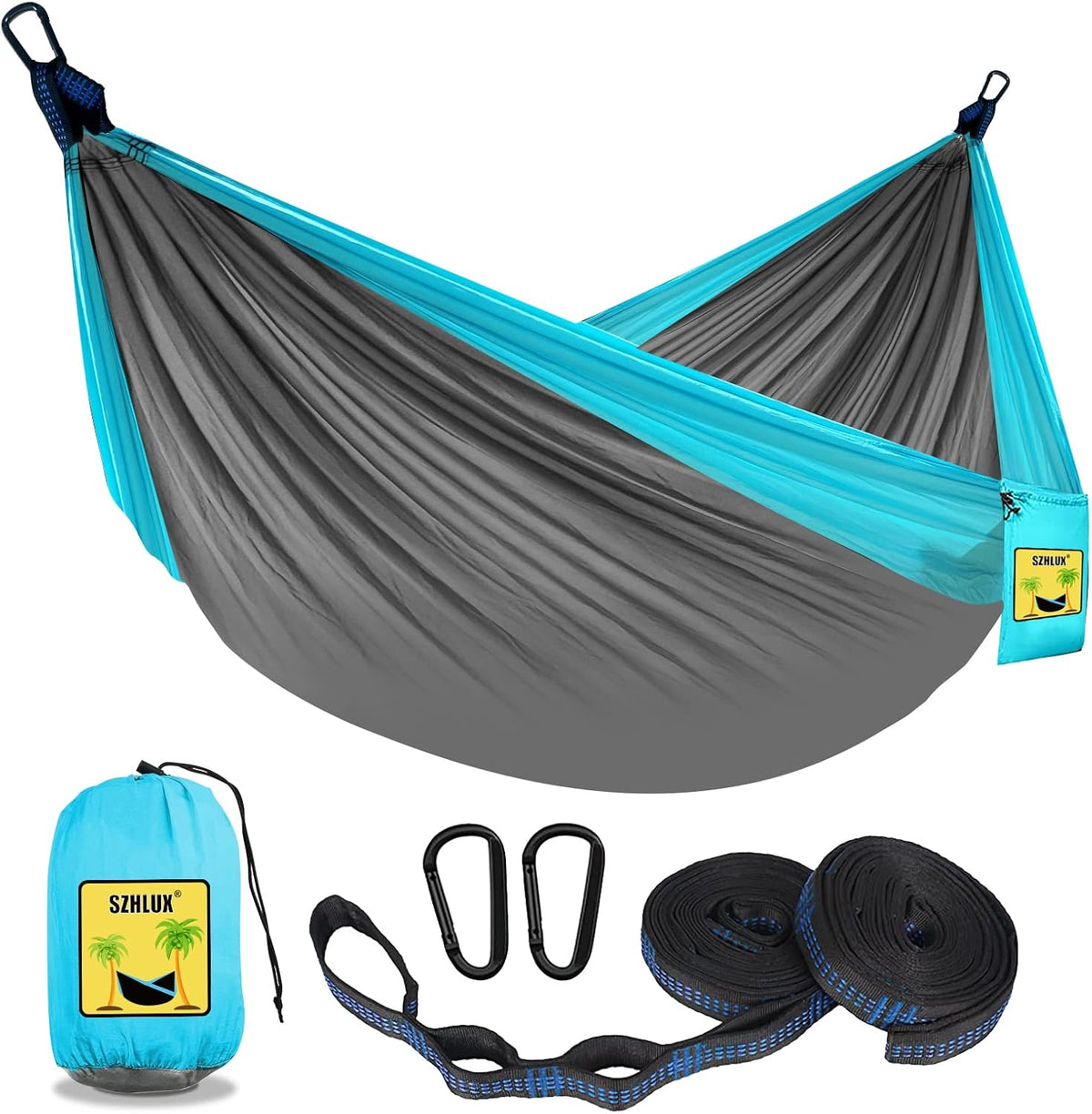 Camping Hammock Double & Single Portable Hammocks with 2 Tree Straps and Attached Carry Bag,Great for Outdoor,Indoor,Beach,Camping,Light Grey / Sky Blue