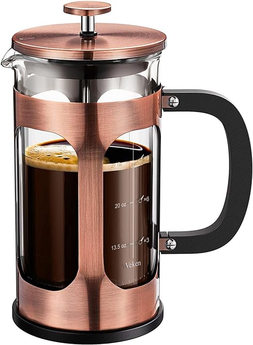 Veken Cafetera de émbolo de prensa francesa de 27 onzas/800 ml, cafetera de vidrio de borosilicato resistente al calor de doble pared, cafetera fría para cocina y regalos, apta para lavavajillas, cobre