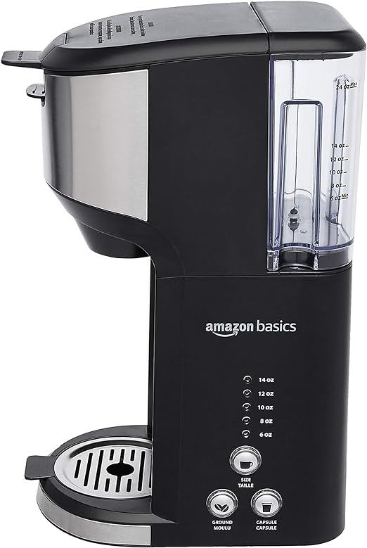 Amazon Basics Filterkaffeemaschine mit K-Cup, 14 Oz, Schwarz und Edelstahl, 5,98 Zoll T x 9,44 Zoll B x 14,17 Zoll H