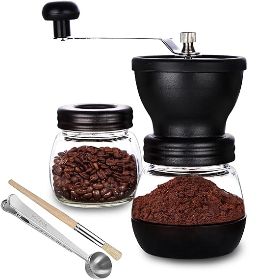 PARACITY Manual Coffee Bean Grinder with Ceramic Burr, Hand Coffee Grinder Mill Small with 2 Glass Jars( 11OZ per Jar) Stainless Steel Handle for Drip Coffee, Espresso, French Press, Turkish Brew