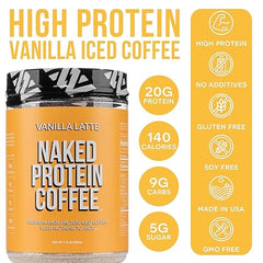 NAKED Vanilla Latte Protein Coffee - Premium Instant Coffee - Protein Shake, Iced Coffee, Protein Drinks, Delicious Keto Friendly and Gluten Free, 17 Servings