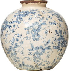 8" H Terracotta Floral Transferware Pattern & Crackle Finish Vase, Blue