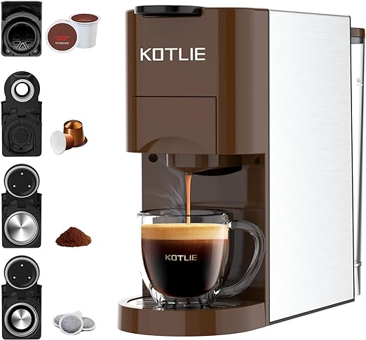 KOTLIE Single Serve Coffee Maker, 4 in1 Espresso Machine for Nespresso Original/K cups/L'OR/Ground Coffee/illy Coffee ESE, 19Bar Espresso Maker, 1450W Fast Heat Coffee Machine(Coffee)