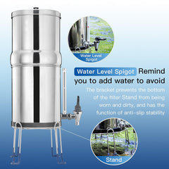 Gravity-fed Water Filter System, 2.25 Gallon Stainless Steel Countertop System with 2 Ceramics Filters Washable Filters, Metal Water Level Spigot and Stand,Reduce up to 99% Chlorine