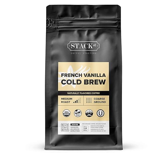 Organic French Vanilla Flavored Cold Brew Coffee Coarse Ground 1 LB - Smooth Dark Roast, Coarse Grind - By Stack Street