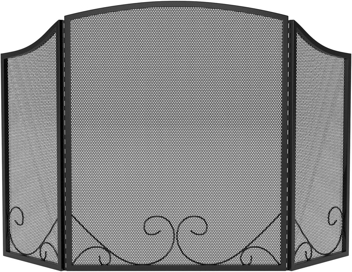 3-Panel Black Wrought Iron Modern Minimalist Design Fireplace Screen,48"(L) x 29"(H) Spark Guard with Scrolling Design,Decorative Hearth Screen