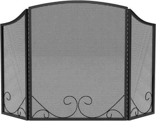 3-Panel Black Wrought Iron Modern Minimalist Design Fireplace Screen,48"(L) x 29"(H) Spark Guard with Scrolling Design,Decorative Hearth Screen