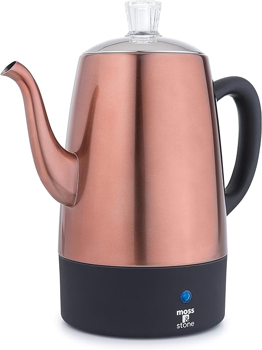 Moss & Stone Electric Coffee Percolator Copper Body with Stainless Steel Lids Coffee Maker, Percolator Electric Pot - 10 Cups, Copper Camping Coffee Pot.