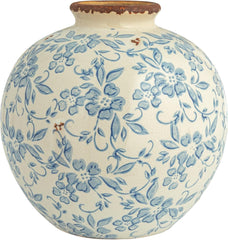 8" H Terracotta Floral Transferware Pattern & Crackle Finish Vase, Blue