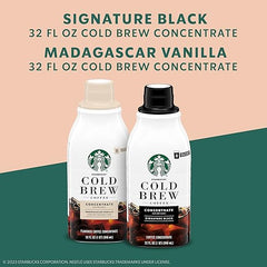 Starbucks Cold Brew Coffee Concentrate, Signature Black and Naturally Flavored Madagascar Vanilla, Multi-Serve, 2 Bottles (32 Fl Oz Each)