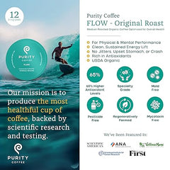 Purity Coffee Flow Medium Roast Organic Coffee - USDA Certified Organic Specialty Grade Arabica Single-Serve Coffee Pods - Third Party Tested for Mold, Mycotoxins and Pesticides - 12 ct Box