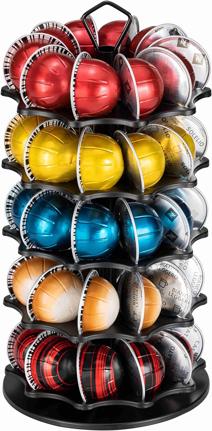 FlagShip 50 Vertuo Pods Carousel Holder Black Coffee Pod Holder 360° Rotating Rack Stand for Vertuoline Pods 5 Tier (50 Pods Capacity)