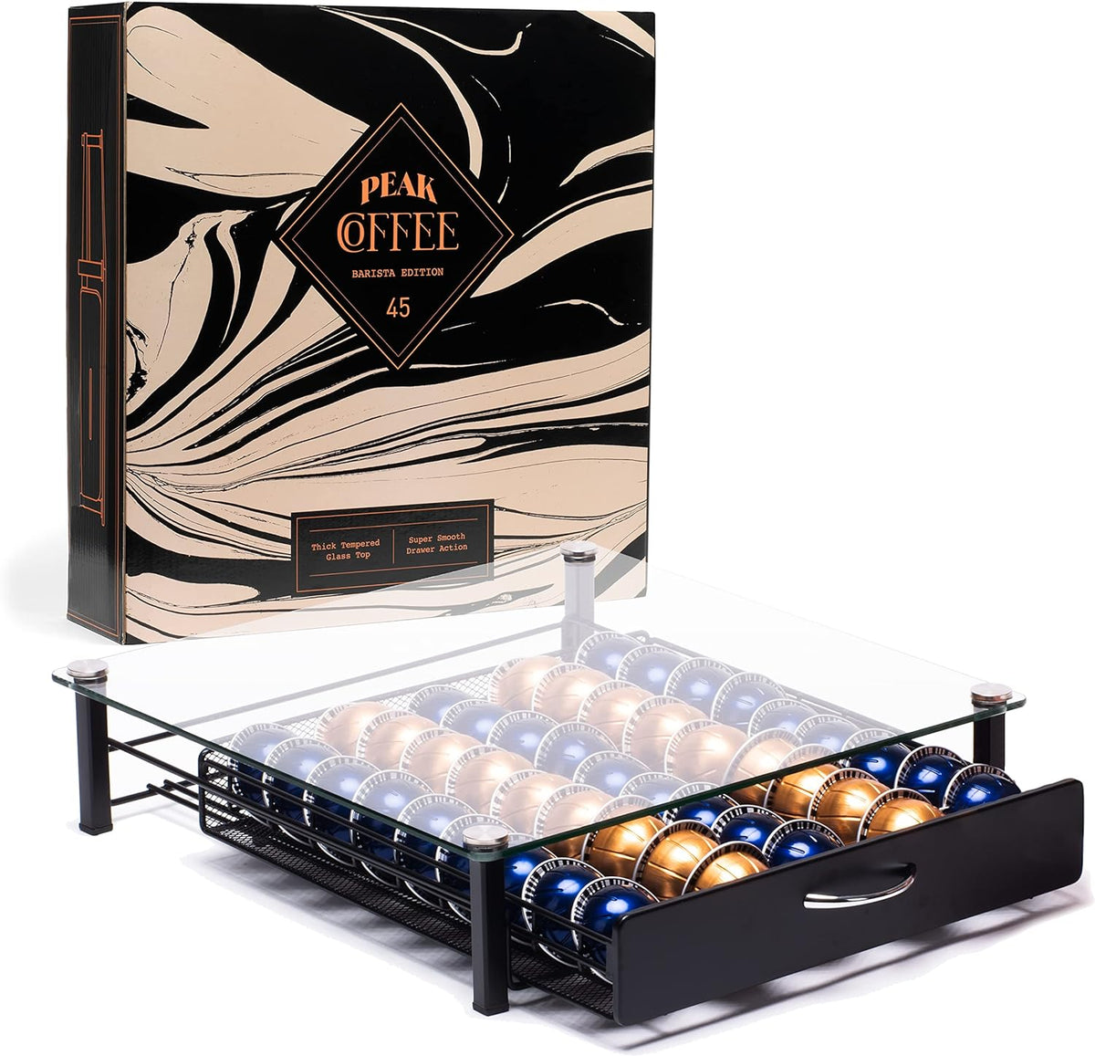 Peak Coffee Nespresso Vertuo Capsules Holder - Drawer Tray for 45 Vertuoline & Bartesian Capsules - Tempered Glass - Capsule Storage - Designed for Nespresso Accessories - Pods Organizer