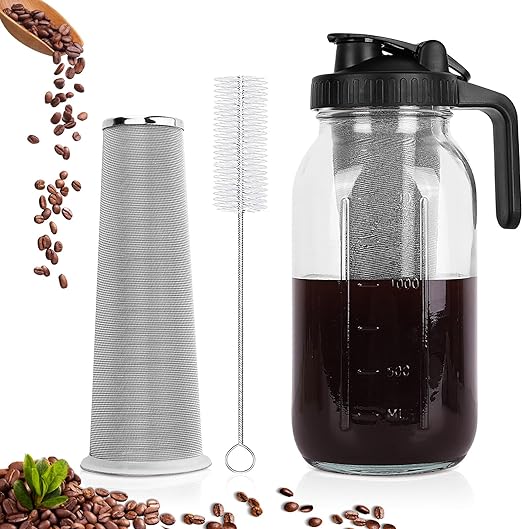 QHH Cold Brew Coffee Maker, 64 oz Wide Mouth Mason Jar Pitcher with Stainless Steel Filter, Pour Spout Handle Lid, Heavy Duty Glass Airtight & Leak-Proof Pitcher for iced coffee & Tea Lemonade