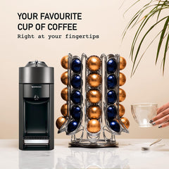 Peak Coffee Capsule Holder for 70 Nespresso Vertuo Vertuoline Pods - 40 Displayed on Outer with 30 Inside Carousel – Capsules Pod Storage Organiser 360° Rotating Rack Stand – Chrome