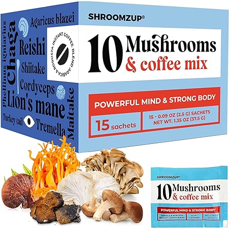 Shroomzup Mushroom Coffee Instant with 10 Mushrooms - 15 Pack with Reishi, Chaga, Turkey Tail, Cordyceps, Lion's Mane, Shiitake, Maitake Mushrooms - Arabica and Robusta Instant Coffee Vegan for Focus Visit the Shroomzup Store