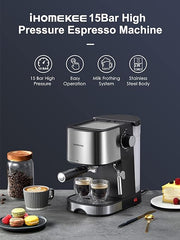 Ihomekee Espresso Machine 15 Bar Pump Pressure, Espresso and Cappuccino Coffee Maker with Milk Frother/Steam Wand for Latte, Mocha, Cappuccino, Silver+Black