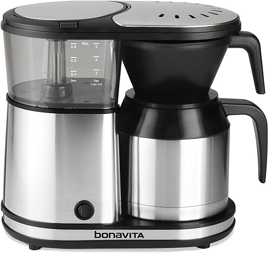 Bonavita BV1500TS - Cafetera de goteo de 5 tazas, preparación de un solo toque con jarra térmica de doble pared, certificación SCA, 1100 W, sin BPA, apta para lavavajillas, acero inoxidable 