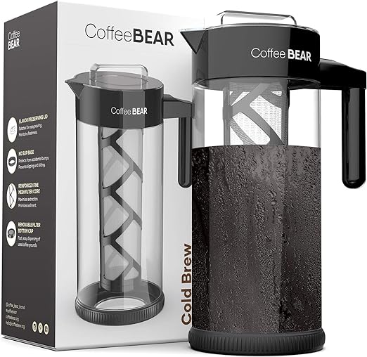 COFFEE BEAR – Cold Brew Coffee Maker and Ice Tea Brewer, Borosilicate Glass Pitcher with Mesh Filter, 1.3L (44oz)