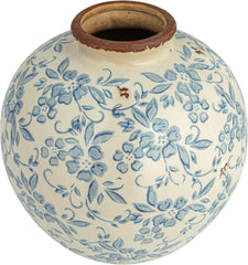 8" H Terracotta Floral Transferware Pattern & Crackle Finish Vase, Blue