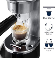 De'Longhi Dedica EC680M, Espresso Machine, Coffee and Cappucino Maker with Milk Frother, Metal / Stainless, Compact Design 6 in Wide, Fit Mug Up to 5 in