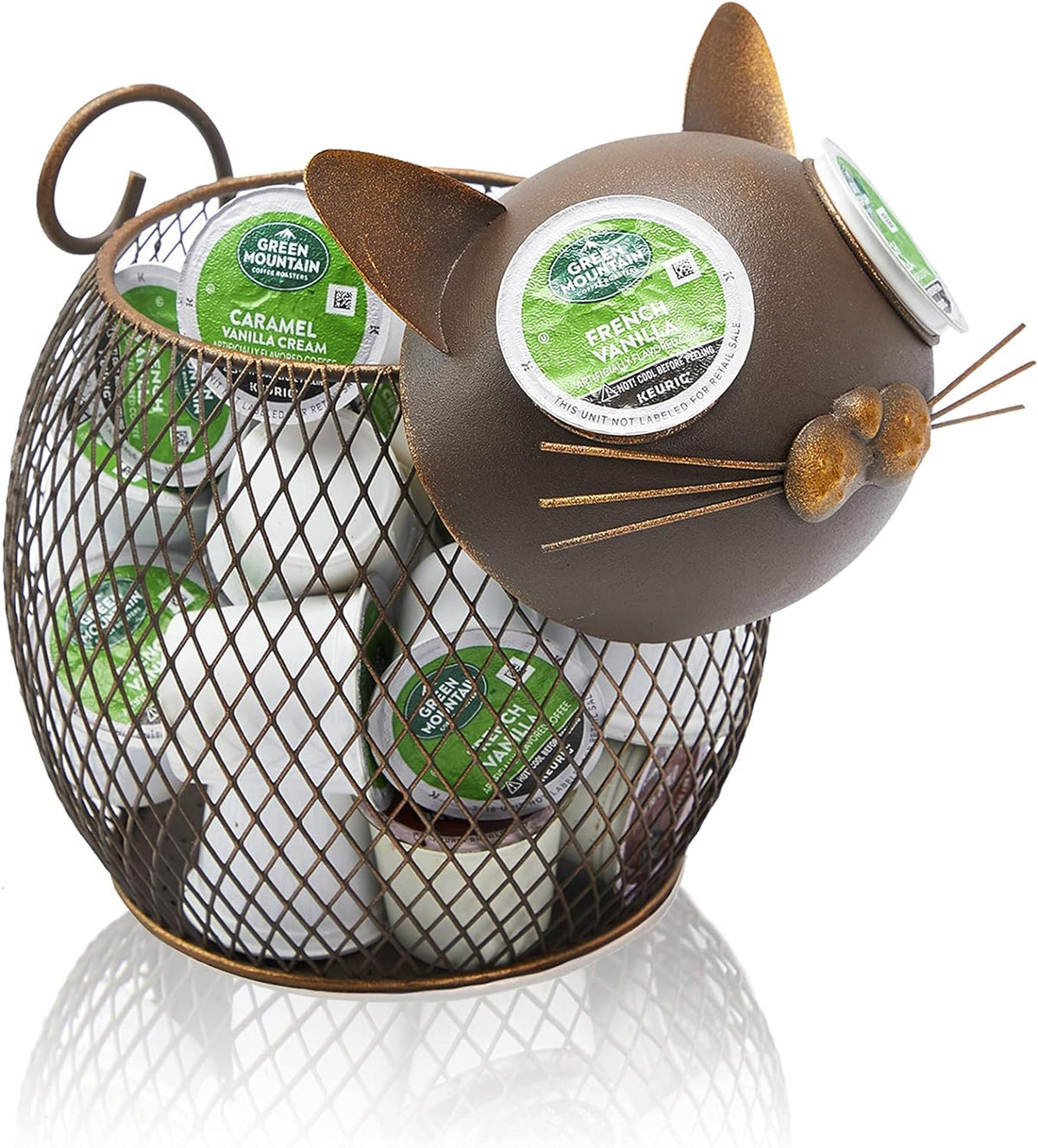 Cat K Cup Holder Metal Novelty Cat Coffee Pod Canister Large Capacity Basket Coffee Organizer for Kitchen Office and Coffee Bar