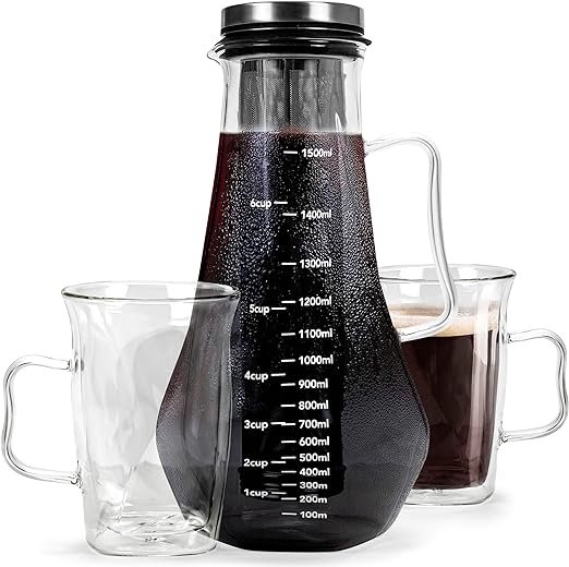 James Bentley Glass Tea & Cold Brew Coffee Maker – Elevate your Coffee Time with our Glass Carafe Pitcher with Stainless Steel Tea Infuser & Coffee Infuser, includes 2 Double Walled Glasses