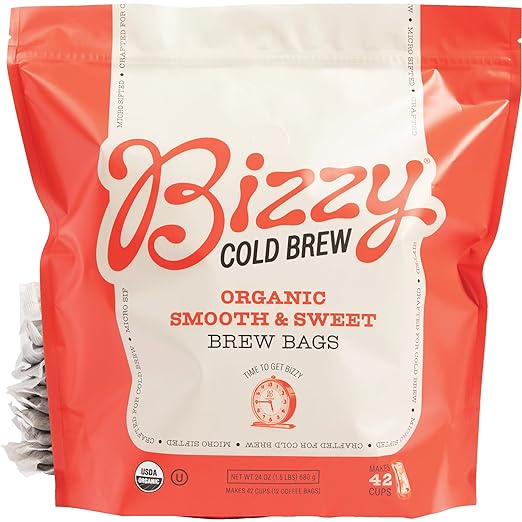 Bizzy Organic Cold Brew Coffee | Smooth & Sweet Blend | Coarse Ground Coffee | Medium Roast | Micro Sifted | Specialty Grade | 100% Arabica | Brew Bags | 12 Count | Makes 42 Cups