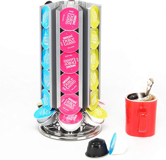 Flagship Coffee Pods Storage Organizer Holder with 36 Pods, Matte Silver Metal Carousel Coffee Capsule Holder Stand