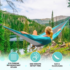 Camping Hammock Double & Single Portable Hammocks with 2 Tree Straps and Attached Carry Bag,Great for Outdoor,Indoor,Beach,Camping,Light Grey / Sky Blue