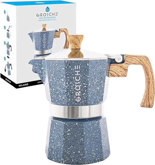 GROSCHE Milano Moka pot, Stovetop Espresso maker, Greca Coffee Maker, Stovetop coffee maker and espresso maker percolator (Indigo, 6 cup)