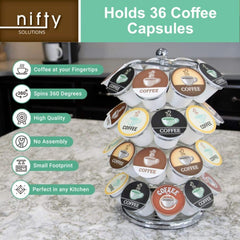 Nifty K Cup Holder – Compatible with K-Cups, Coffee Pod Carousel | 36 K Cup Holder, Spins 360-Degrees, Lazy Susan Platform, Modern Chrome Design, Home or Office Kitchen Counter Organizer