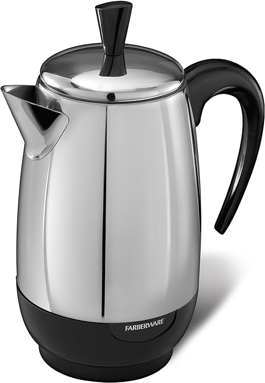 Farberware Electric Coffee Percolator, FCP280, Stainless Steel Basket, Automatic Keep Warm, No-Drip Spout, 8 Cup